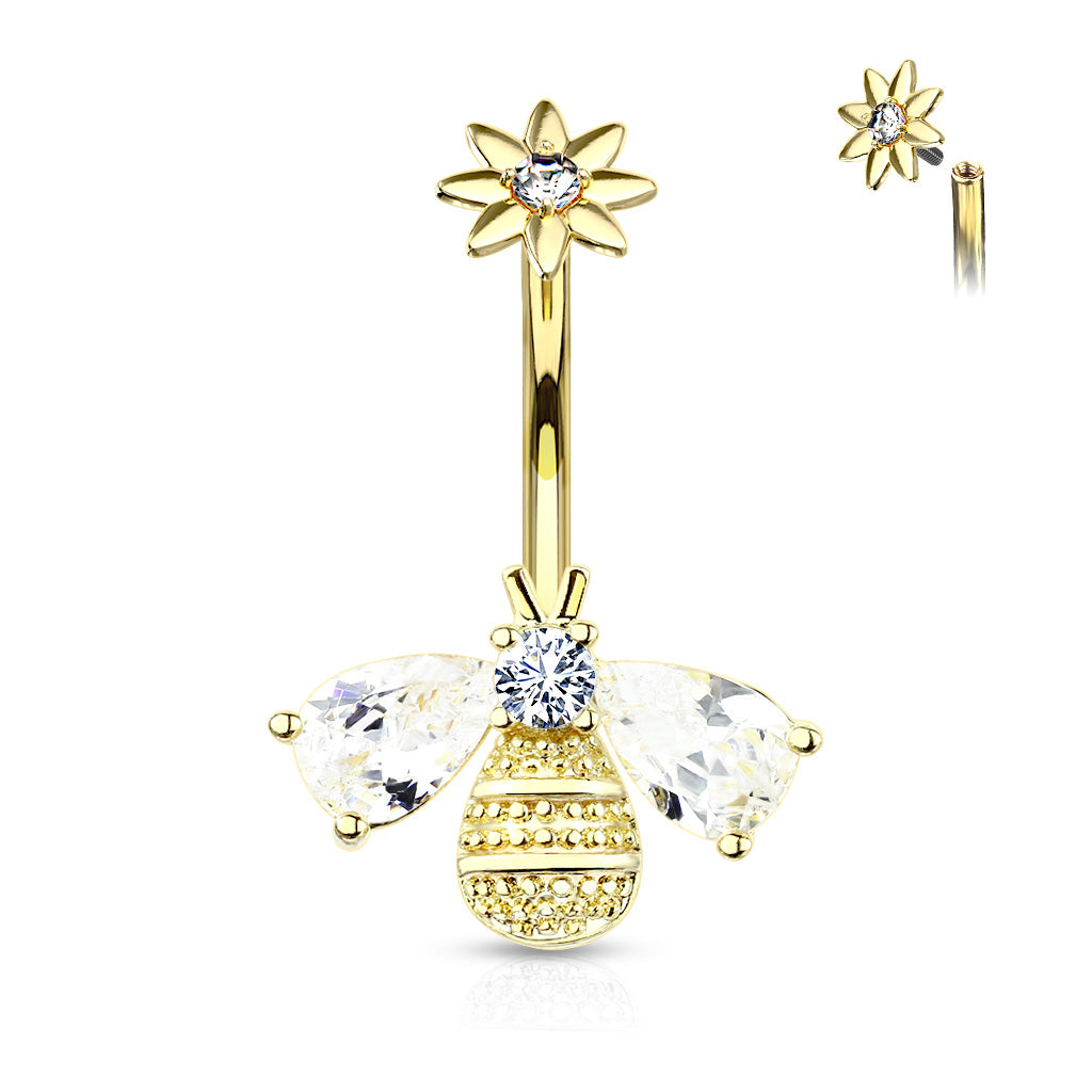 Surgical Steel Belly Bar Bee with CZ Wings