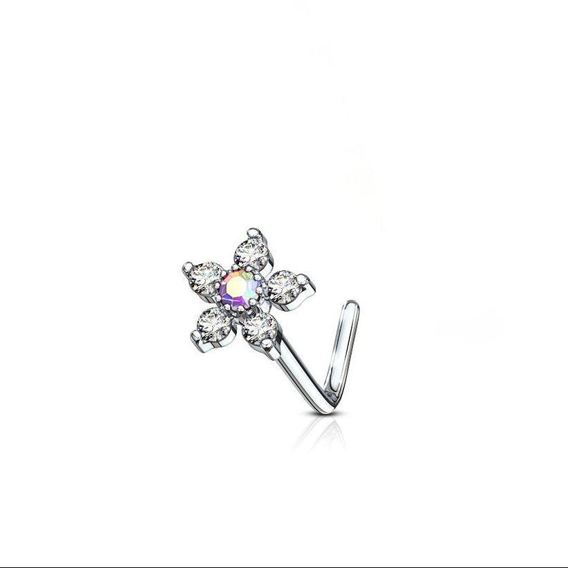 6 CZ Flower Surgical Steel Nose L Bend