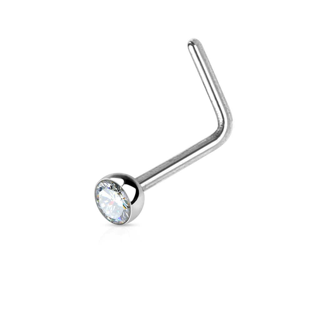 Bezel Set Round CZ Surgical Steel Nose L Bend