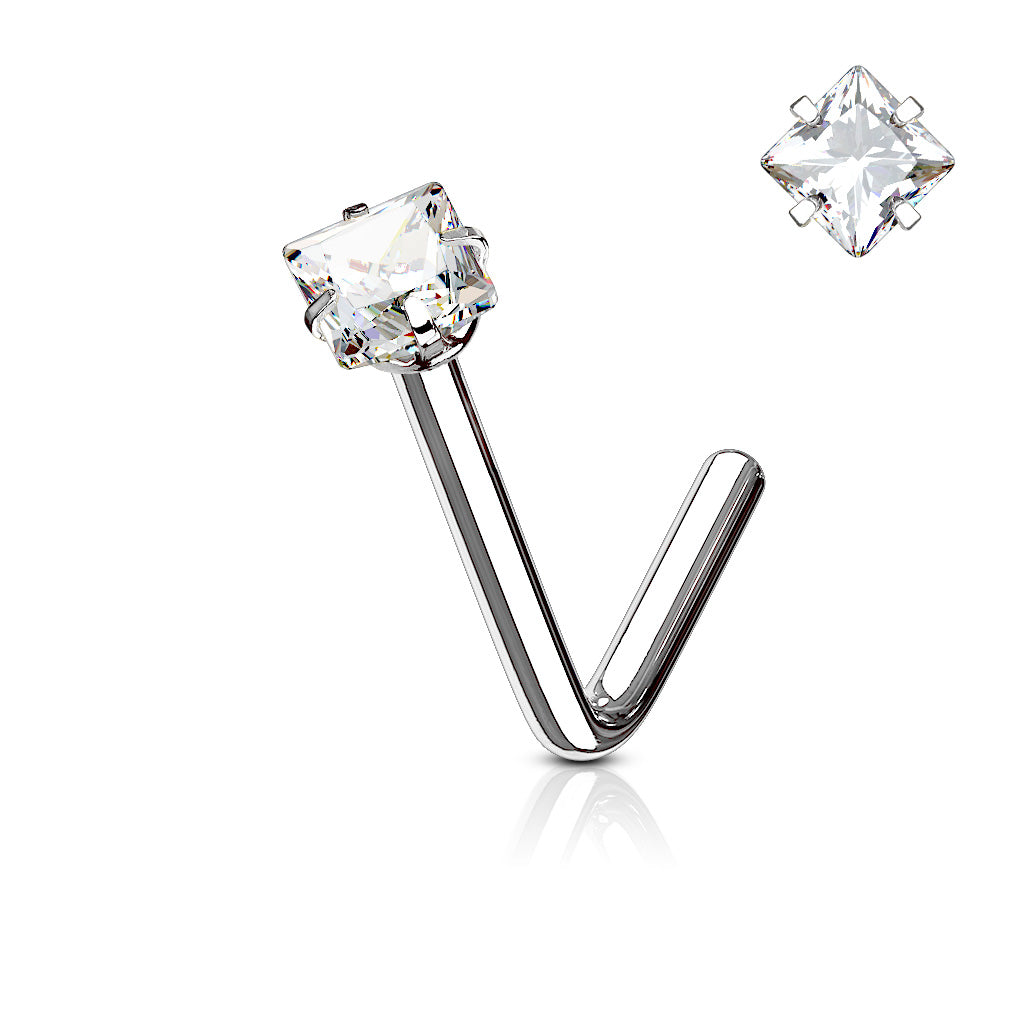 Square CZ Surgical Steel Nose L Bend
