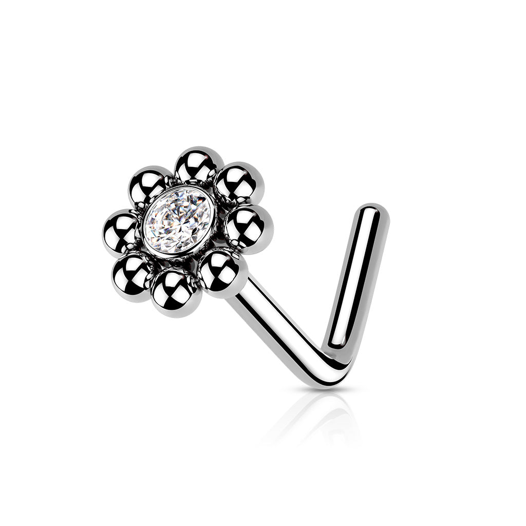 Beaded Ball with CZ Center Surgical Steel L Bend Nose Stud
