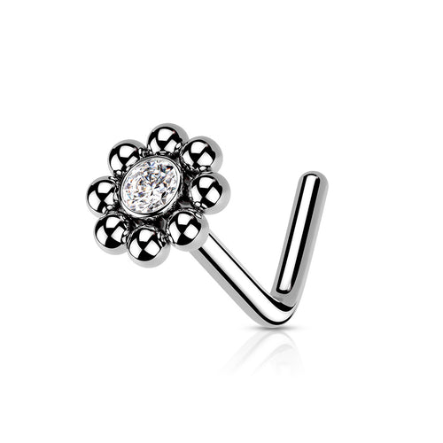 Beaded Ball with CZ Center Surgical Steel L Bend Nose Stud