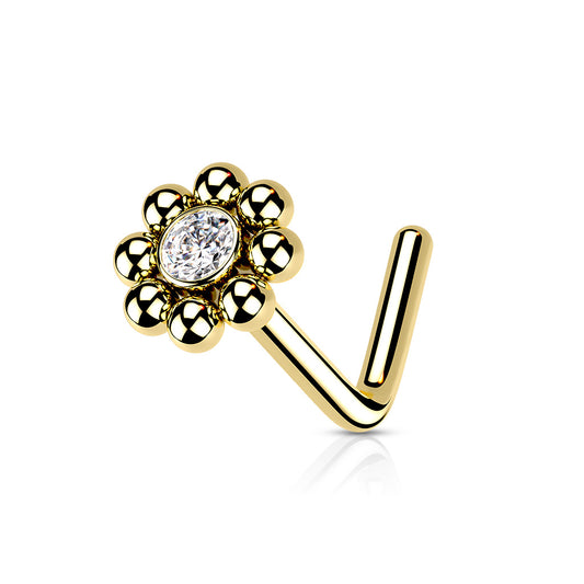 Beaded Ball with CZ Center Surgical Steel L Bend Nose Stud