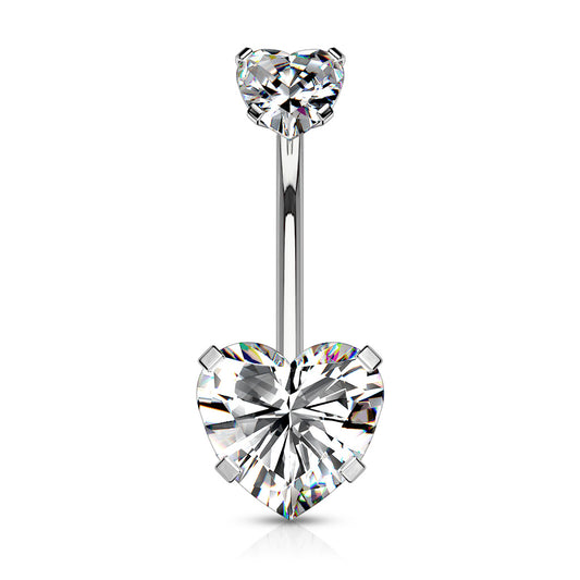 Surgical Steel Belly Bar Double CZ Heart