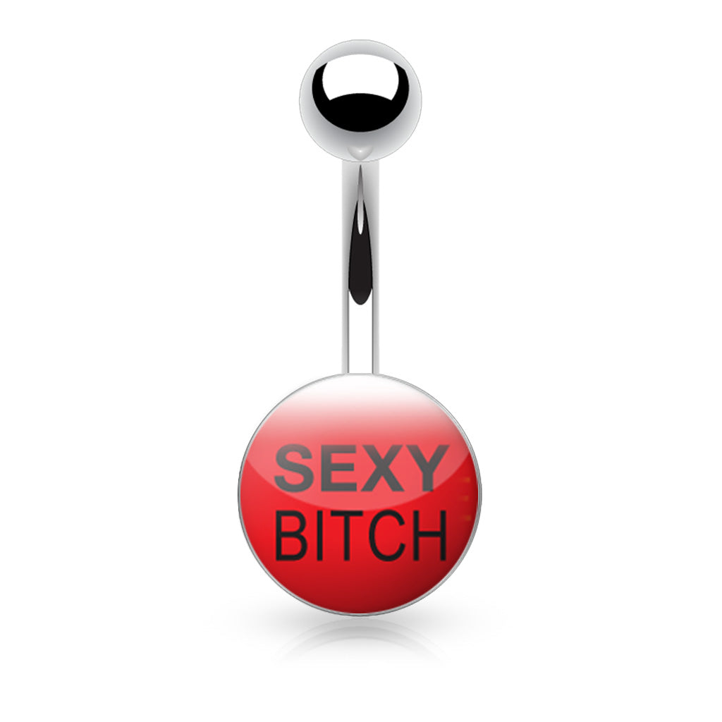 Surgical Steel Belly Bar Clear Epoxy Covered Text