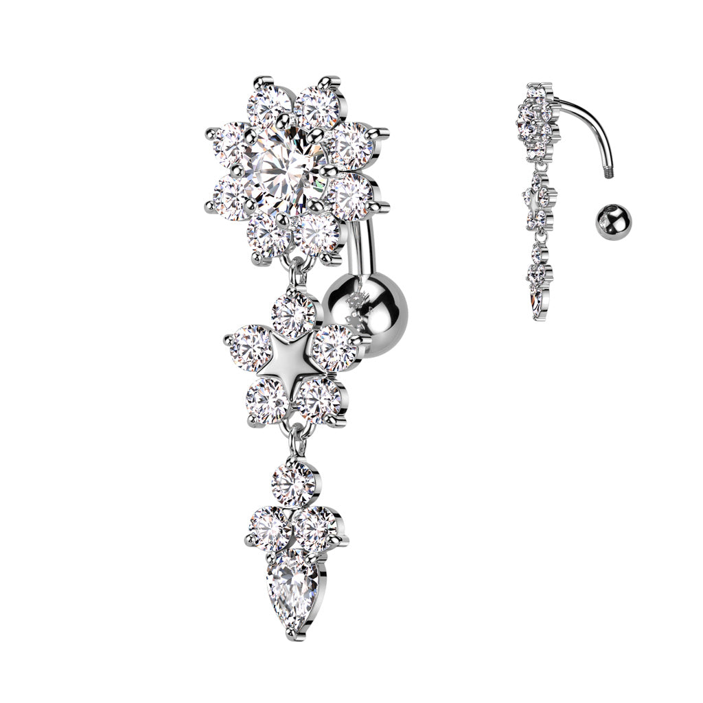 Surgical Steel Belly Bar CZ Flower Top Drop Dangle