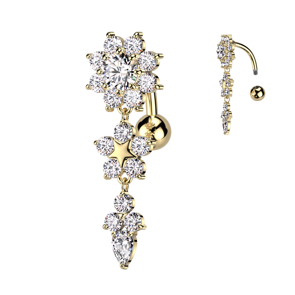 Surgical Steel Belly Bar CZ Flower Top Drop Dangle