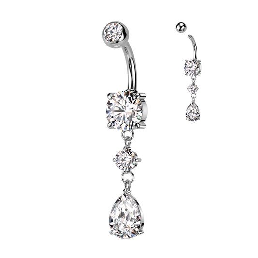 Surgical Steel Belly Bar Tear Drop CZ Dangle