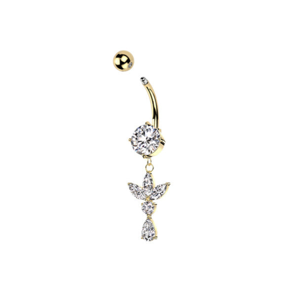 Surgical Steel Belly Bar Marquise Leaf with Pear CZ Dangle