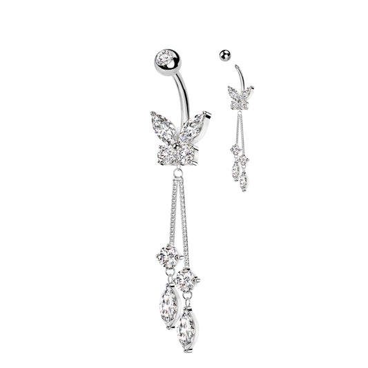 Surgical Steel Belly Bar Butterfly with CZ Dangle
