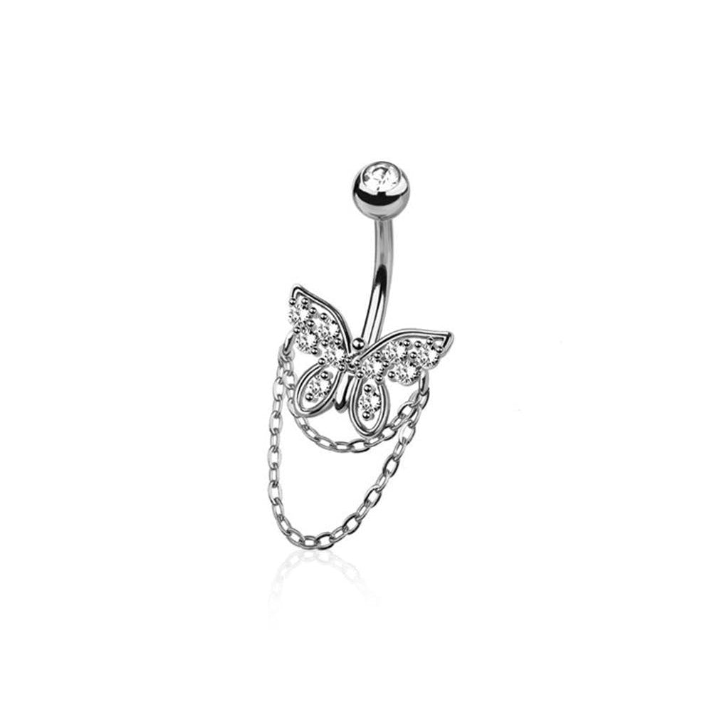 Surgical Steel Belly Bar CZ Butterfly Chain