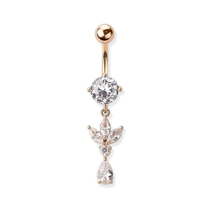 Surgical Steel Belly Bar Marquise Leaf with Pear CZ Dangle
