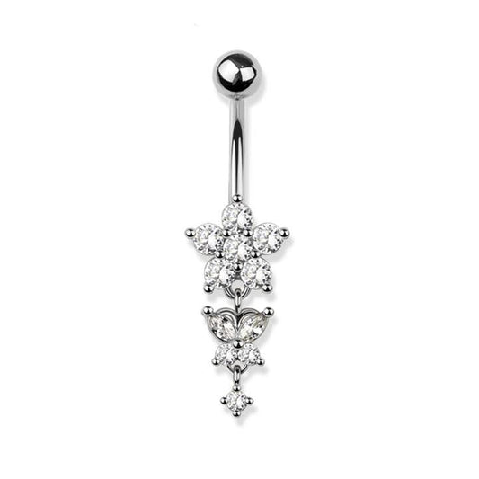 Surgical Steel Belly Bar Flower and Butterfly Dangle