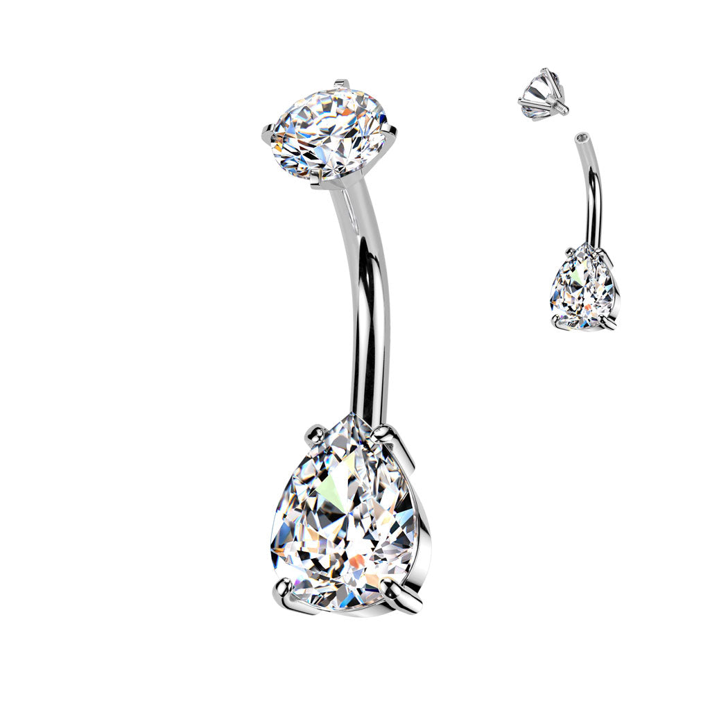 Surgical Steel Belly Bar Internally Threaded Teardrop CZ