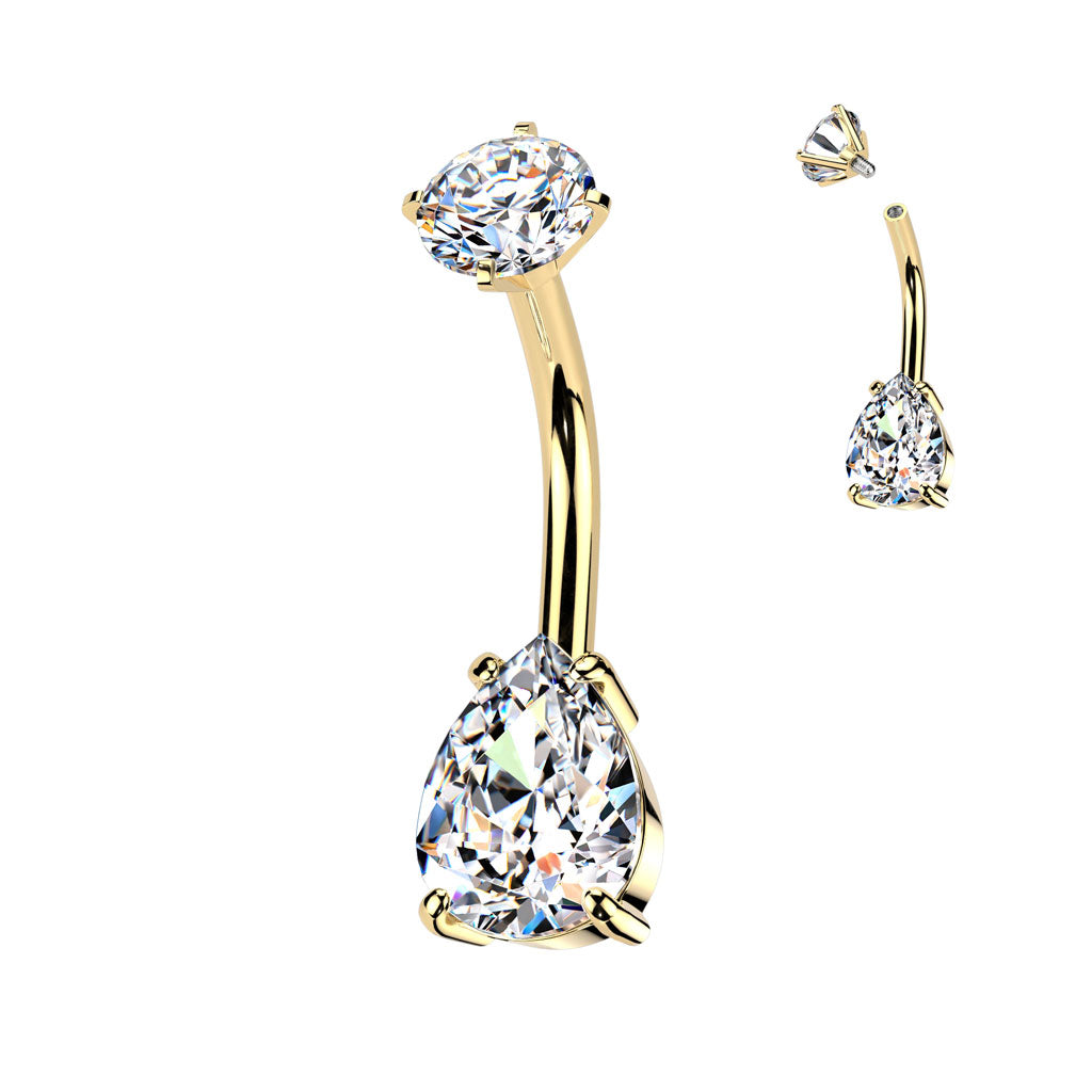 Surgical Steel Belly Bar Internally Threaded Teardrop CZ