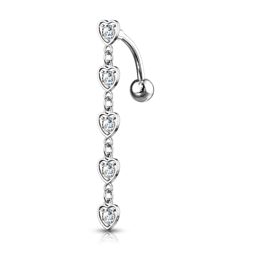 Surgical Steel Belly Bar Cascading Hearts Top Drop