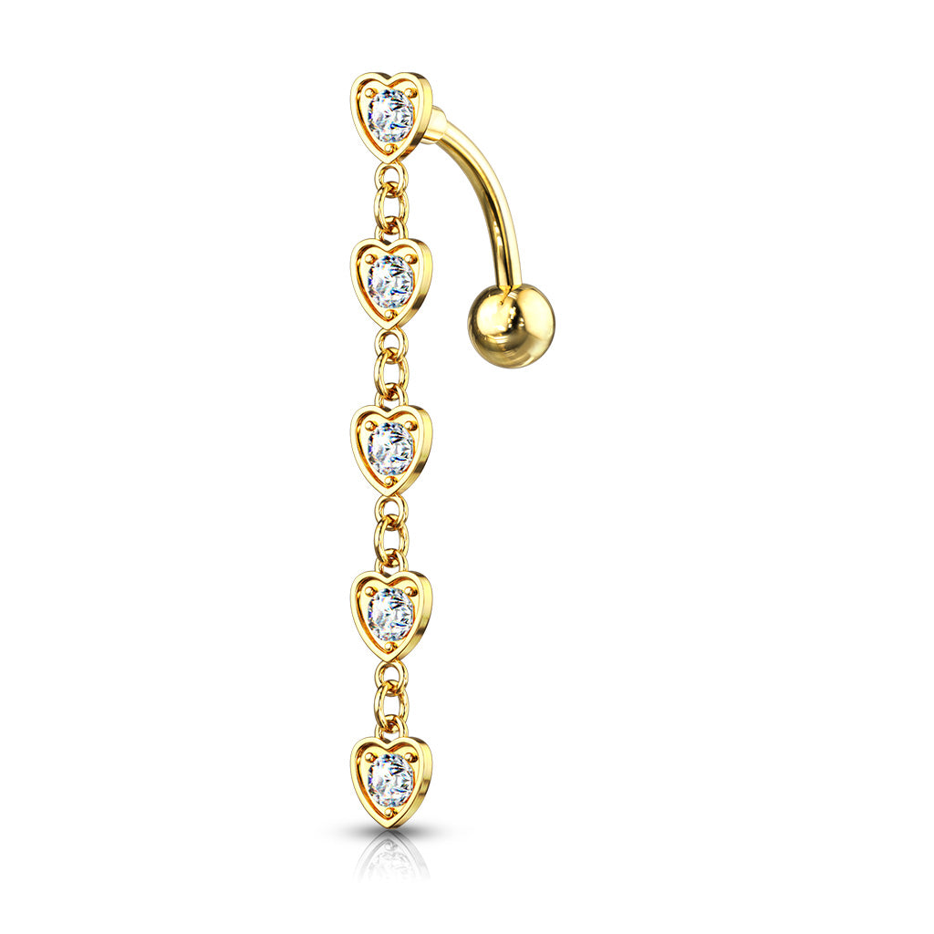 Surgical Steel Belly Bar Cascading Hearts Top Drop