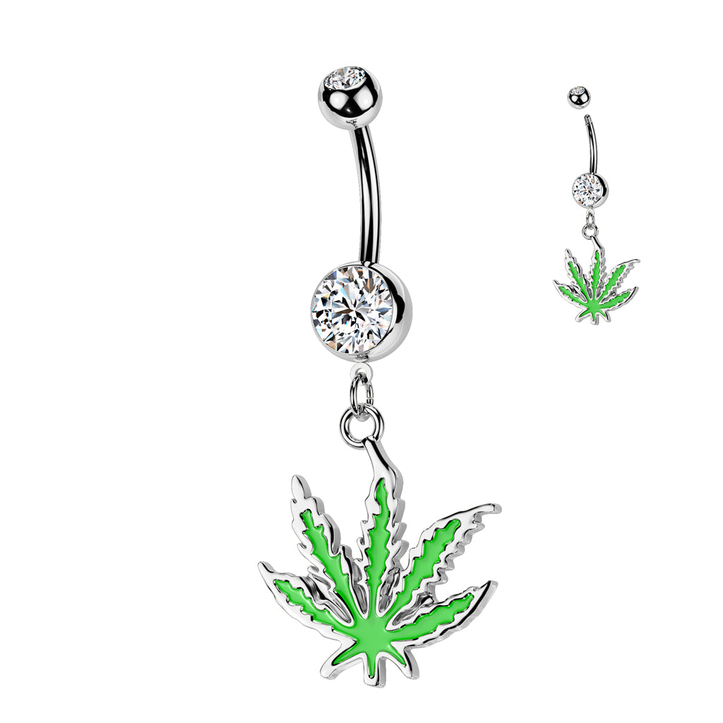Surgical Steel Belly Bar Green Leaf Dangle
