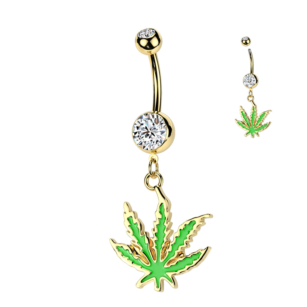 Surgical Steel Belly Bar Green Leaf Dangle