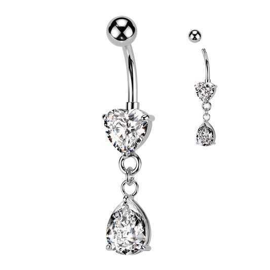 Surgical Steel Belly Bar Heart with Pear CZ Dangle