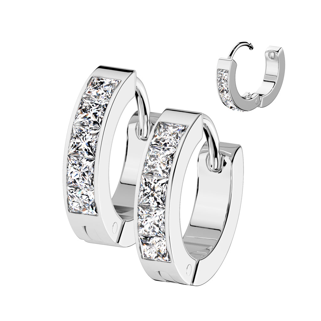 Stainless Steel CZ Hinged Hoop Earrings