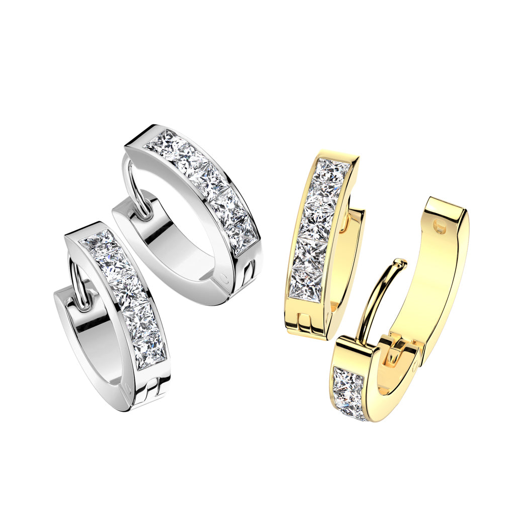 Stainless Steel CZ Hinged Hoop Earrings