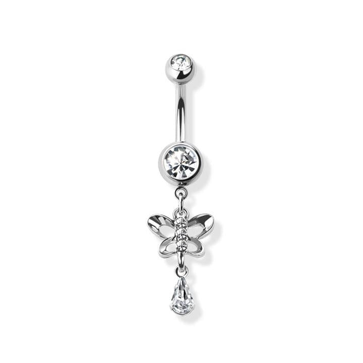 Surgical Steel Belly Bar Butterfly with Teardrop CZ