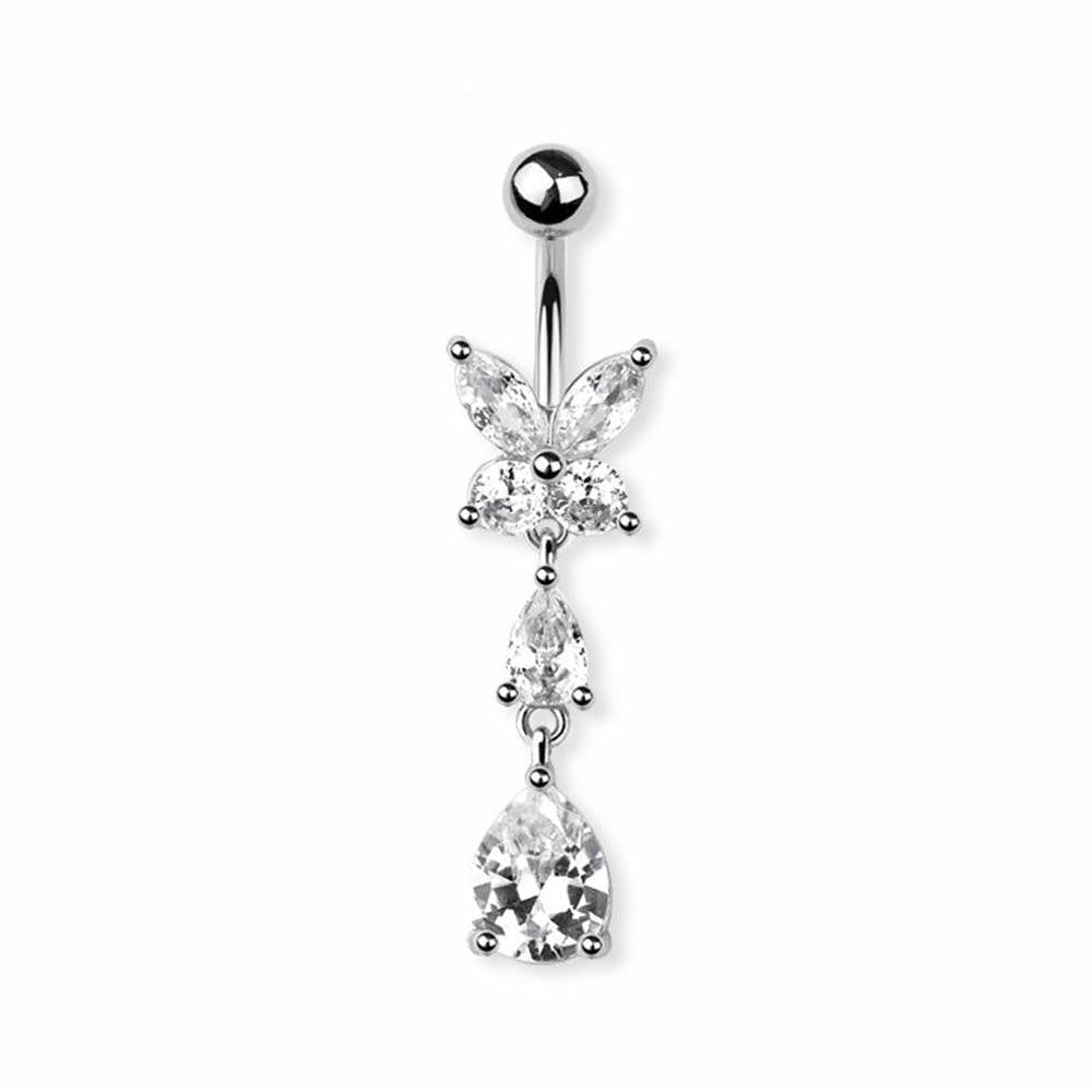 Surgical Steel Belly Bar CZ Butterfly with Dangle