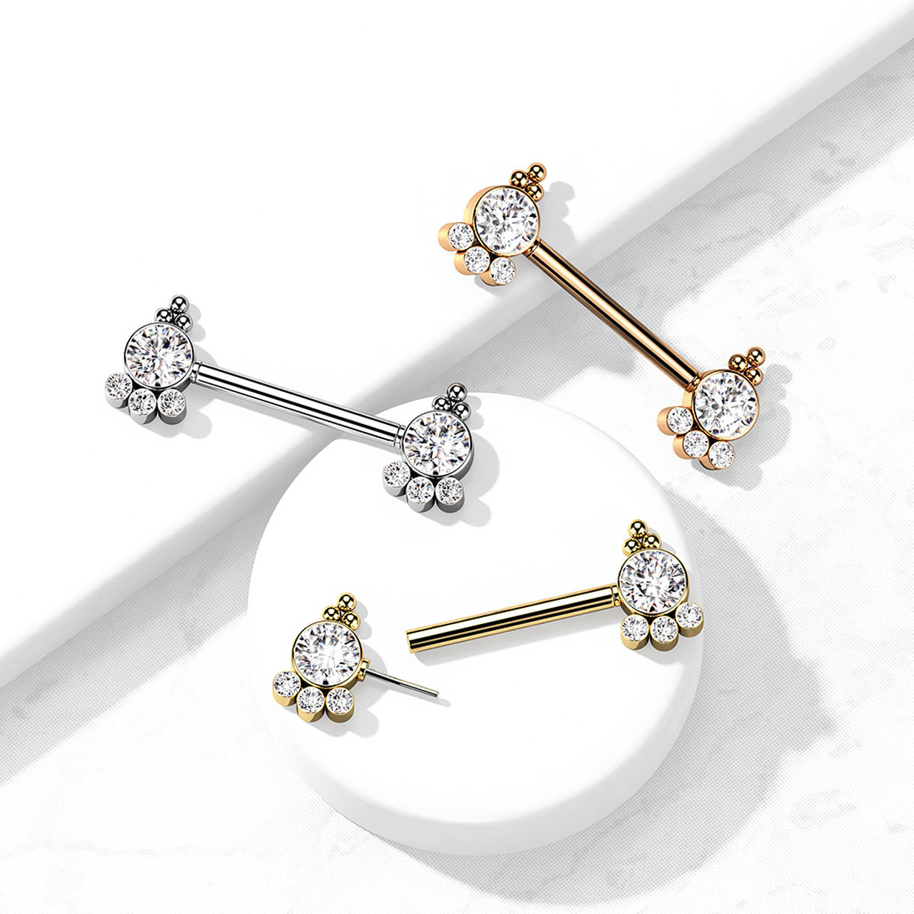Threadless Push In Nipple Barbell with CZ Cluster Ends- E4