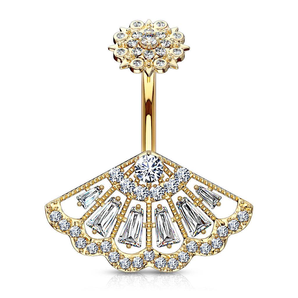 CZ Paved Vintage Fan Navel Bar - H3
