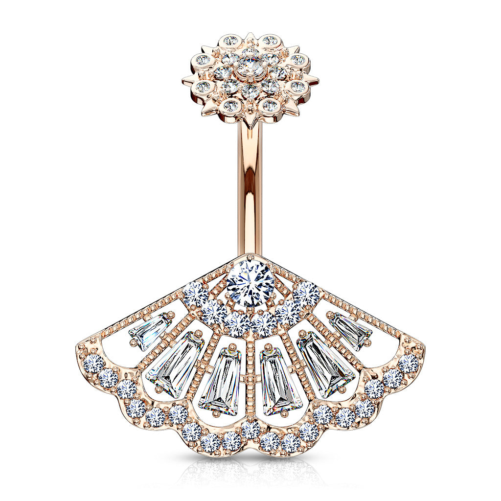CZ Paved Vintage Fan Navel Bar - H3