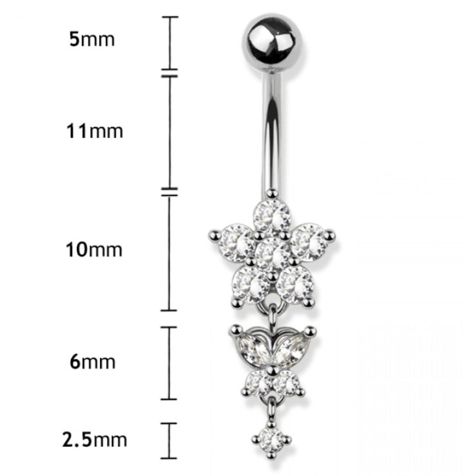 Surgical Steel Belly Bar Flower and Butterfly Dangle